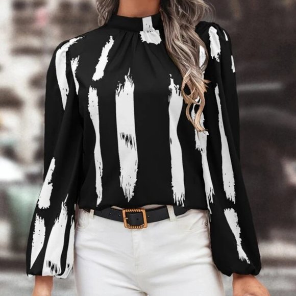 Black white Brush Pattern Lantern long Sleeved Mock Neck Shirt Blouse Top - Picture 2 of 5